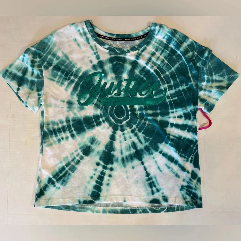 Justice Green Tie-dye Short Sleeve Tee T-shirt With Sequines Size XL (16/18) NWT